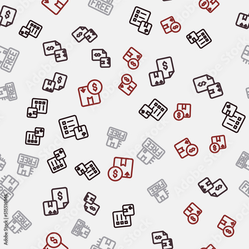 Set line Verification of delivery list, Waybill, Cardboard box with free symbol and Carton cardboard on seamless pattern. Vector