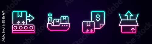 Set line Conveyor belt with box, Cargo ship boxes delivery, Waybill and Unboxing. Glowing neon icon. Vector