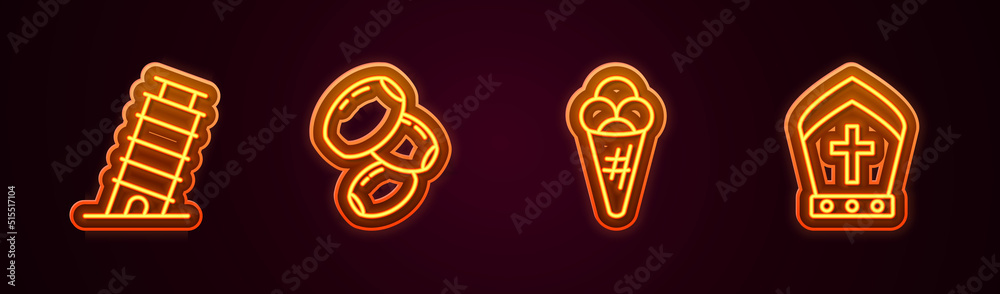 Set line Leaning tower in Pisa, Olives, Ice cream waffle and Pope hat. Glowing neon icon. Vector Set line Leaning tower in Pisa, Olives, Ice cream waffle and Pope hat. Glowing neon icon. Vector
