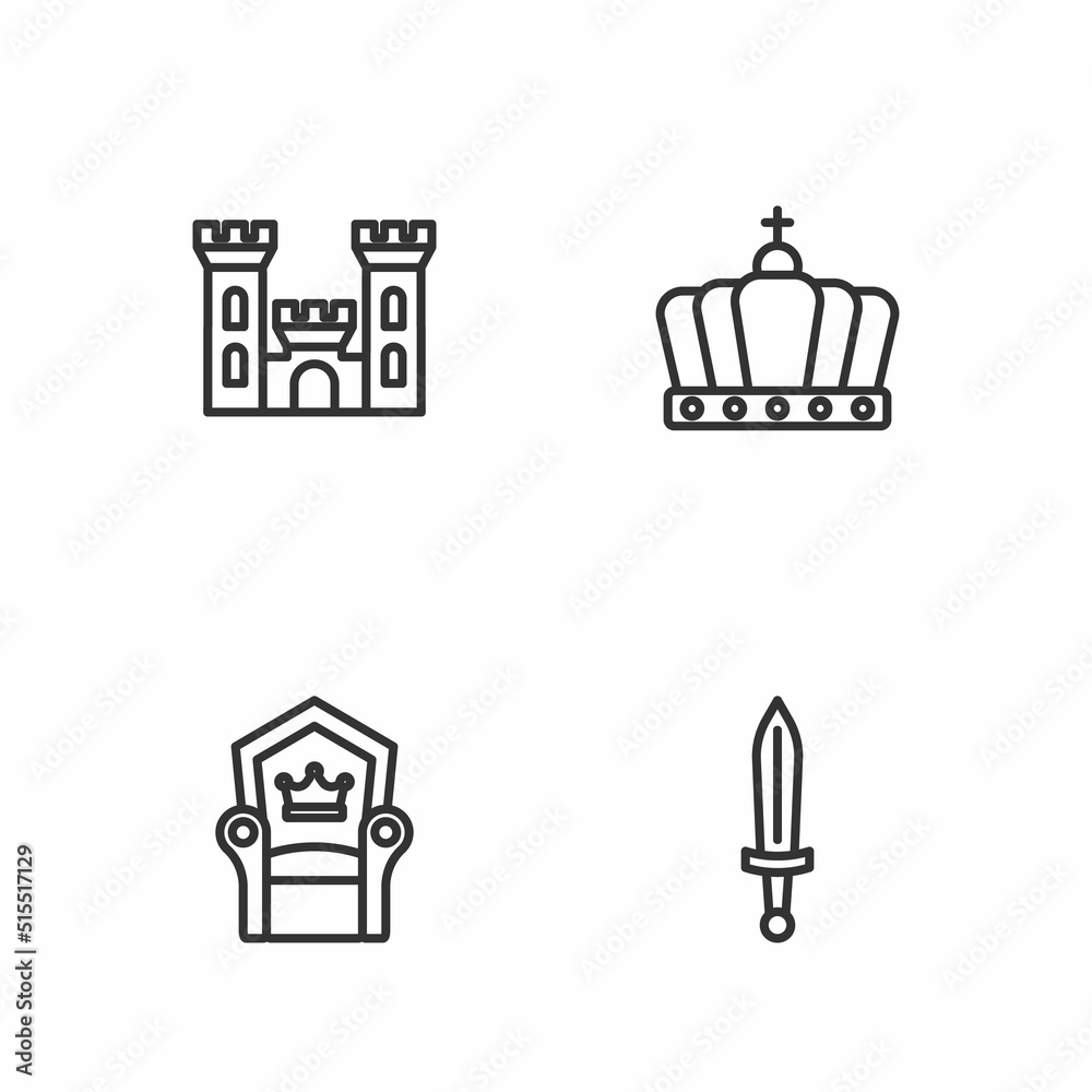 Set line Medieval sword, throne, Castle and King crown icon. Vector