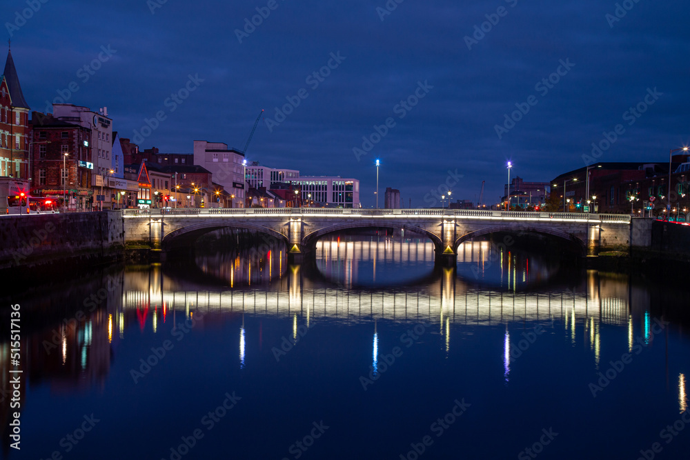 Beautiful of River Lee and Saint Patrick's Bridge in the evening. Cork City, Ireland