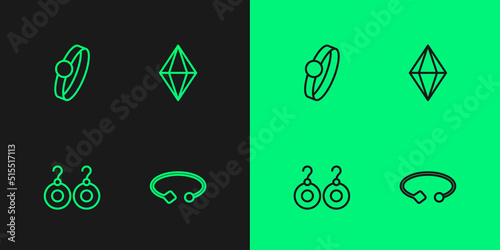 Set line Bracelet jewelry, Earrings, Diamond engagement and Gem stone icon. Vector
