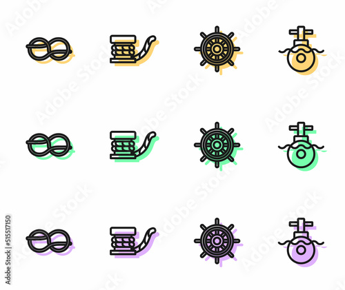 Set line Ship steering wheel, Nautical rope knots, Marine bollard with and Submarine icon. Vector
