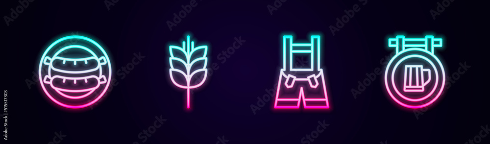 Set line Sausage, Wheat, Lederhosen and Street signboard with beer. Glowing neon icon. Vector Set line Sausage, Wheat, Lederhosen and Street signboard with beer. Glowing neon icon. Vector