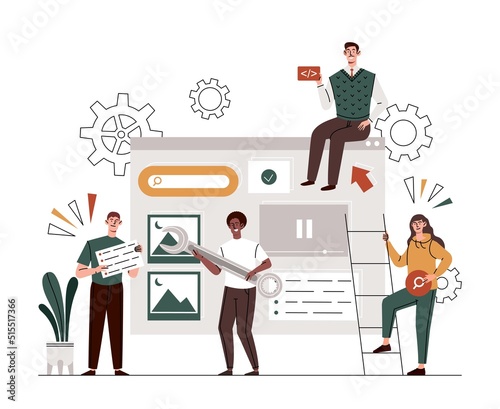Digital Marketing concept. Young men and women create content or landing pages for promotion on Internet or social networks. Online advertising for business. Cartoon flat vector illustration
