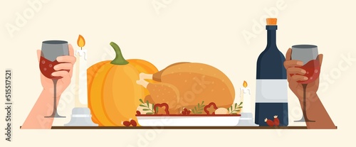 Happy Thanksgiving concept. Graphic elements on traditional autumn holiday. Hands holding glasses with alcoholic beverages, and vegetables. Farmers and agriculture. Cartoon flat vector illustration