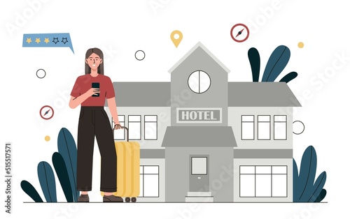 Hotel booking concept. Girl with luggage and a smartphone stands against background of building. Tourist on Internet books room in hotel, trip to other countries. Cartoon flat vector illustration