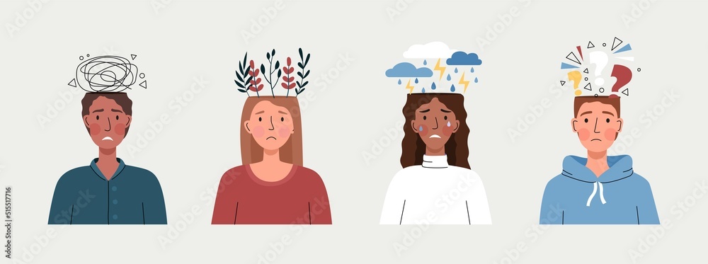Mental health problems. Men and girls depressed and frustrated