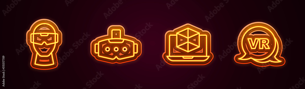 Set line Virtual reality glasses, 3d modeling and . Glowing neon icon. Vector Set line Virtual reality glasses, 3d modeling and . Glowing neon icon. Vector