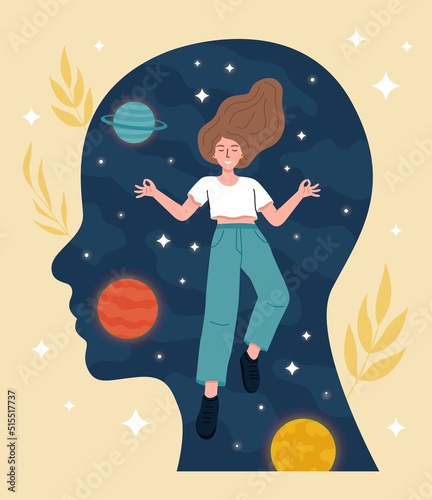 Concept of mindfulness. Woman represents space in abstract silhouette of head. Creative personality and mental health. Conscious girl, concentration and inner balance. Cartoon flat vector illustration