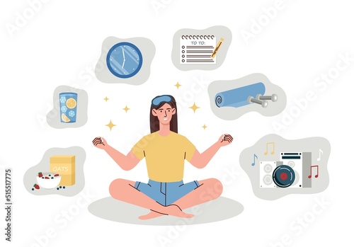 Morning routine set. Girl sitting in lotus position, yoga. Comfortable start to day. Woman drinks refreshing cocktails, sets goals and eats porridge with fruit. Cartoon flat vector illustration