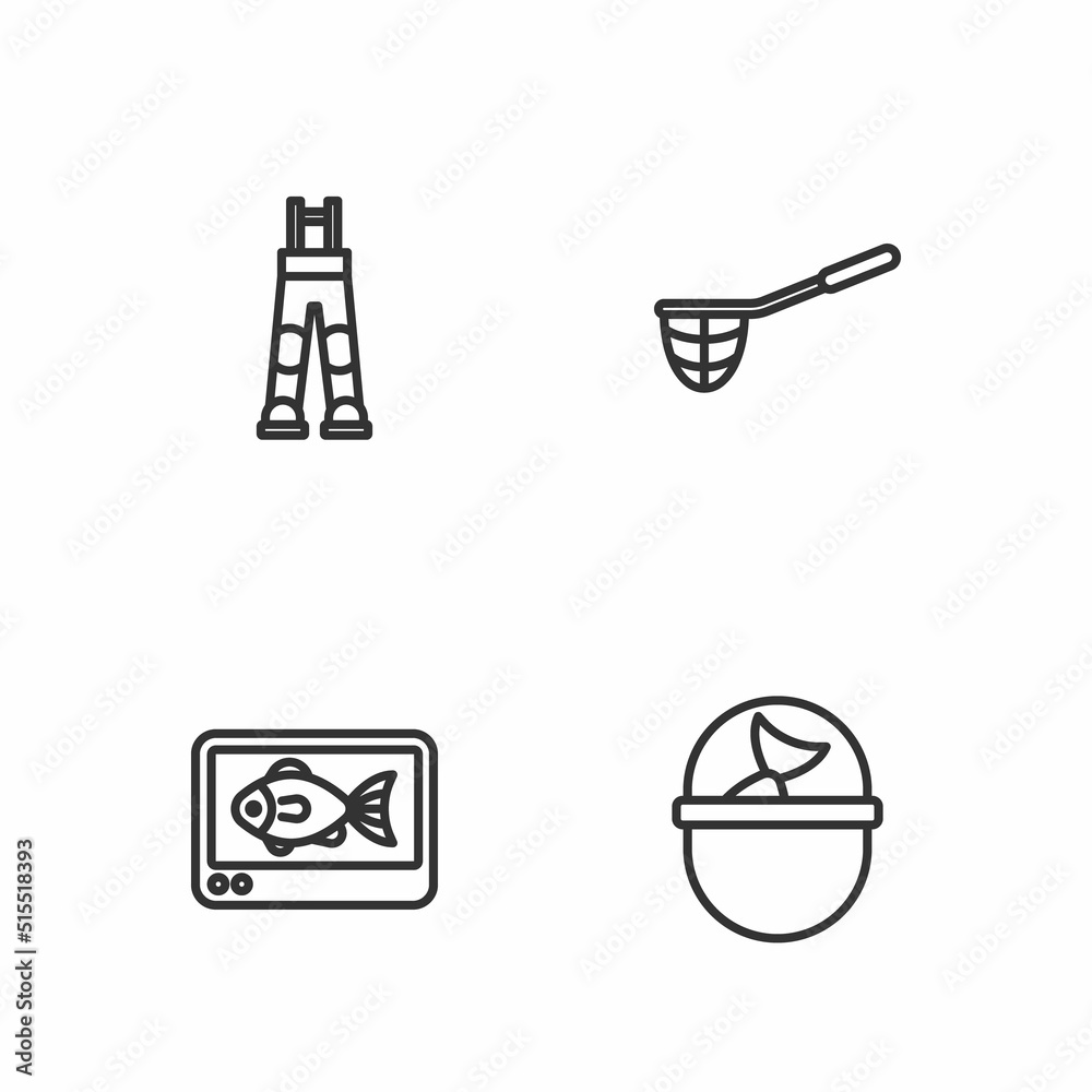 Set line Fishing bucket with fish, finder echo sounder, Fisherman pants and net icon. Vector Set line Fishing bucket with fish, finder echo sounder, Fisherman pants and net icon. Vector