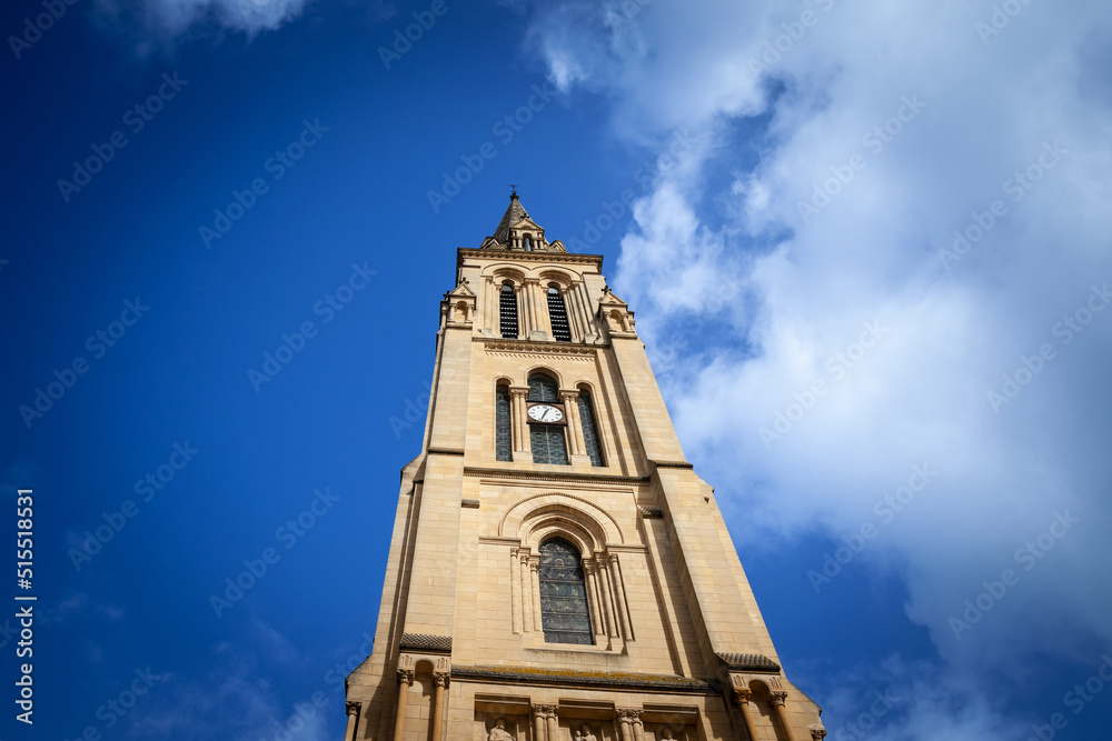 Steeple tower of the Eglise Notre Dame de bergerac church, the main catholic church, neogothic, built in the 19th century in Bergerac, a city of Dordogne, in Perigord, in France.....