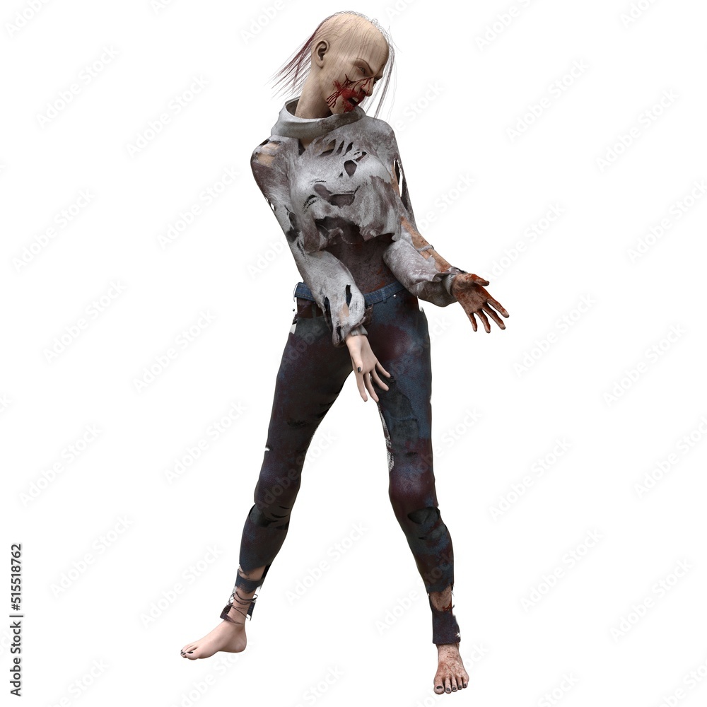 Zombie girl isolated white background 3d illustration