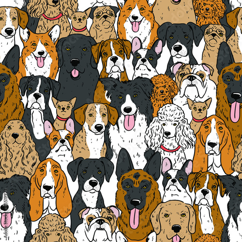 Seamless vector pattern with cute hand drawn dogs and flowers. Dogs different breeds. Bulldog, spaniel, corgi,chihuahua. Perfect for kids apparel, textile, nursery, wrapping paper