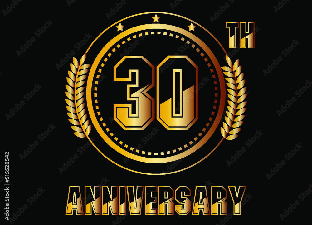 Fototapeta premium 30 years anniversary. Gold vector with rings for 30 years anniversary celebration on black background.