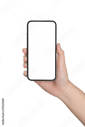 Hand holding phone with blank screen isolated on white background.