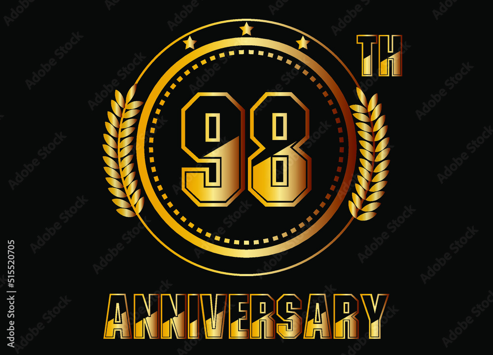 Fototapeta premium 98 years anniversary. Gold vector with rings for 98 years anniversary celebration on black background.