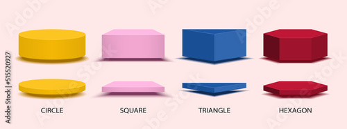 Colorful podiums geometric shape set. Collection of Circle, Squares, Triangle, and Hexagon pedestal for product show, decorative. Vector illustrations.