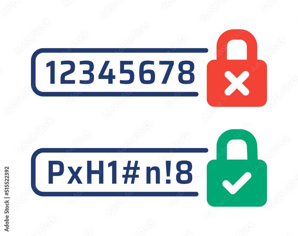 Unsecure password too easy to remember with low protection VS secure password code with strong security. Vector icon illustration. Unsecure password too easy to remember with low protection VS secure password code with strong security. Vector icon illustration.