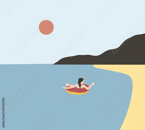 Woman floating and relaxing on inflatable ring in the sea. Summer travel and leisure on water, beach activity. vector flat illustration.