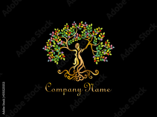 Decorative dryad Tree logo Vector isolated with rainbow and colorful leaves, mythology tree with swirl roots, goddess logo.
