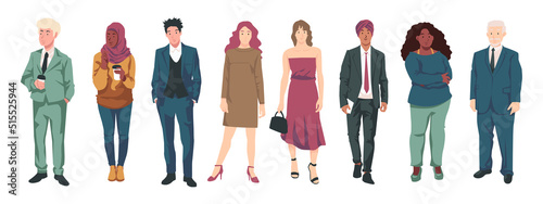 Diverse groups of multinational company business people, entrepreneurs, workers and expatriates isolated on white background. men, women, young and old standing. Flat design vector illustration.