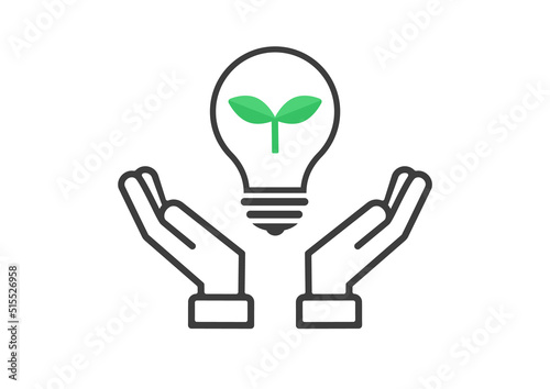 緑色の葉っぱが入った豆電球を守る人の手のイラスト - 省エネ･節電･脱炭素のイメージ素材
