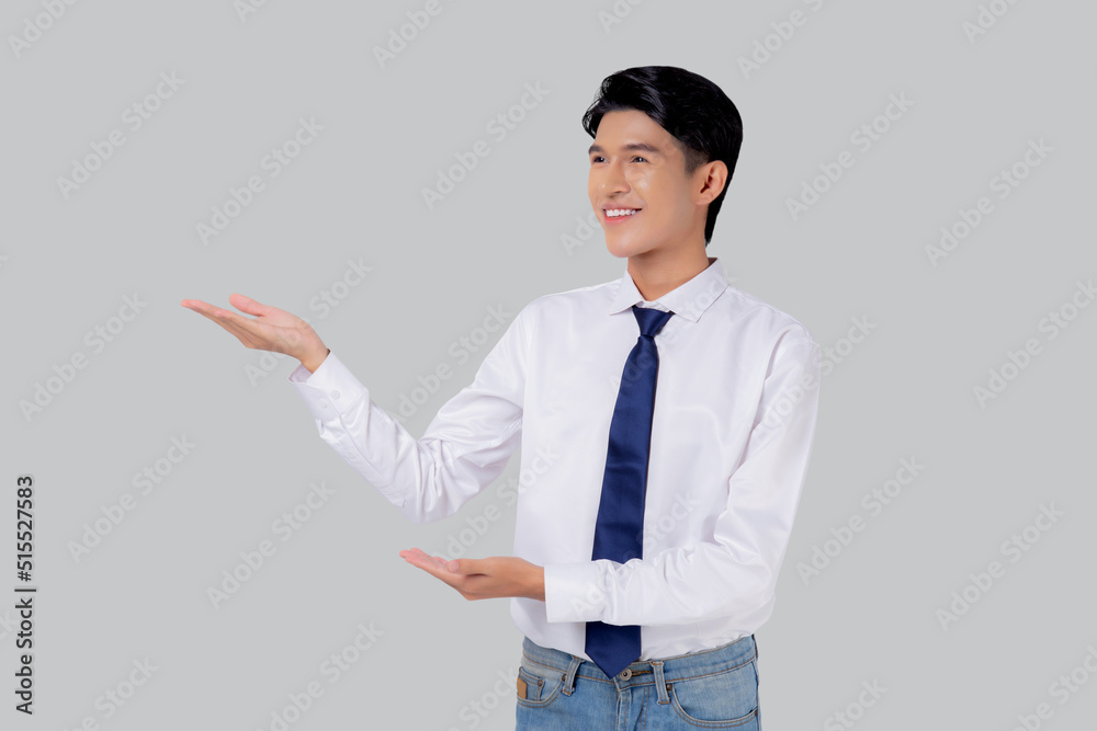 Portrait young asian business man presenting isolated on white background, advertising and marketing, executive and manager, businessman confident showing success, expression and emotion. Portrait young asian business man presenting isolated on white background, advertising and marketing, executive and manager, businessman confident showing success, expression and emotion.