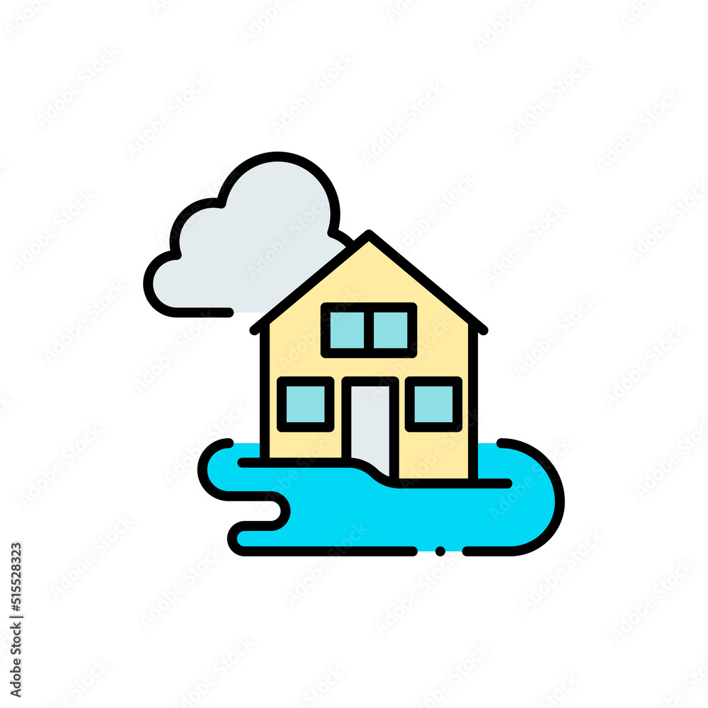 Flooded house filled color icon. linear style sign for mobile concept and web design. Flooding disaster filled color vector icon. Symbol, logo illustration. Vector graphics Flooded house filled color icon. linear style sign for mobile concept and web design. Flooding disaster filled color vector icon. Symbol, logo illustration. Vector graphics