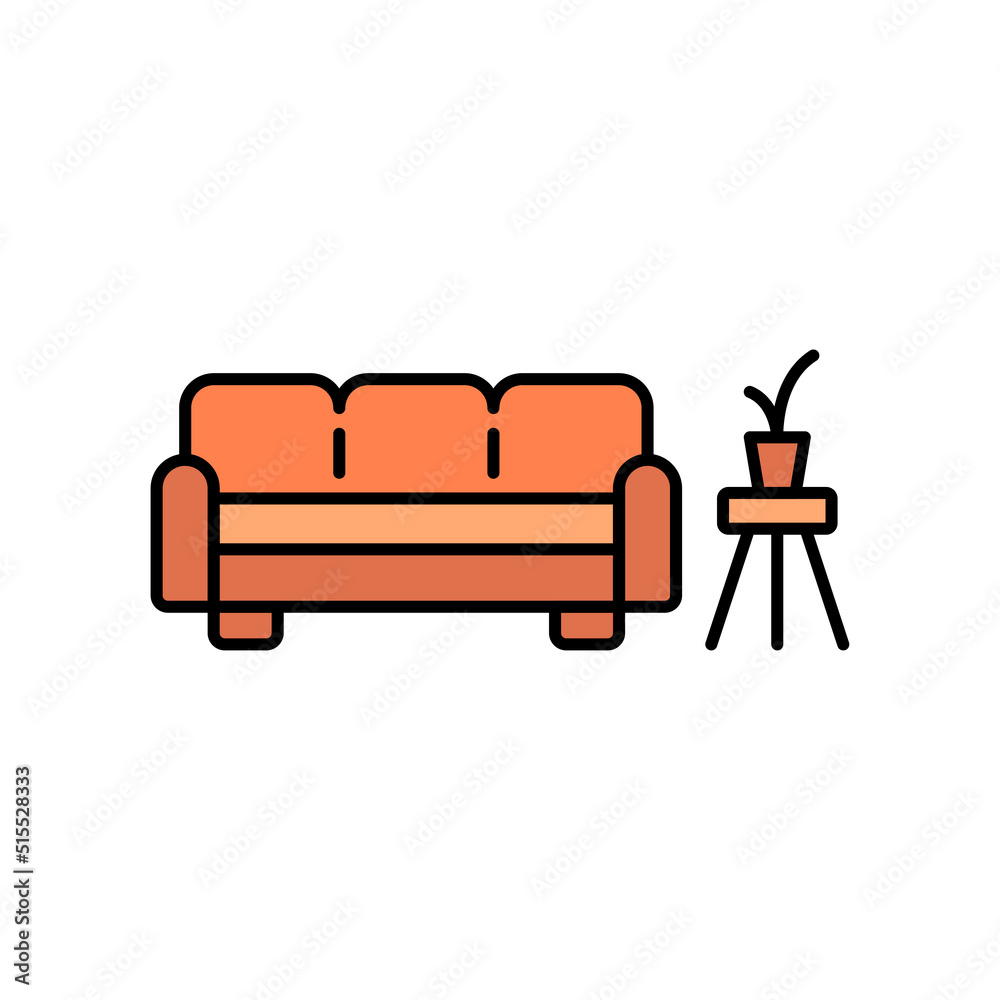 Sofa and Coffee table with plant filled color icon. linear style sign for mobile concept and web design. Waiting room interior filled color vector icon. Symbol, logo illustration. Vector graphics Sofa and Coffee table with plant filled color icon. linear style sign for mobile concept and web design. Waiting room interior filled color vector icon. Symbol, logo illustration. Vector graphics