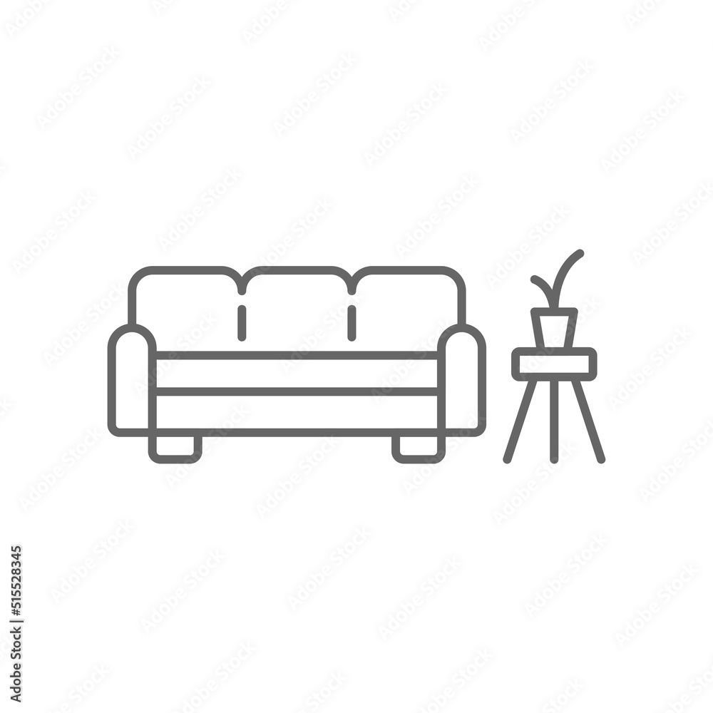 Sofa and Coffee table with plant line icon. linear style sign for mobile concept and web design. Waiting room interior outline vector icon. Symbol, logo illustration. Vector graphics Sofa and Coffee table with plant line icon. linear style sign for mobile concept and web design. Waiting room interior outline vector icon. Symbol, logo illustration. Vector graphics