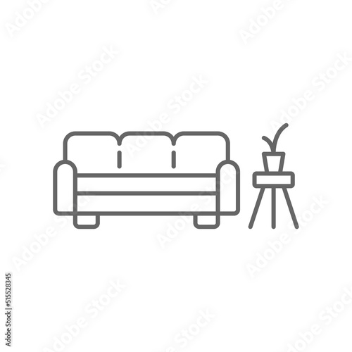 Sofa and Coffee table with plant line icon. linear style sign for mobile concept and web design. Waiting room interior outline vector icon. Symbol, logo illustration. Vector graphics