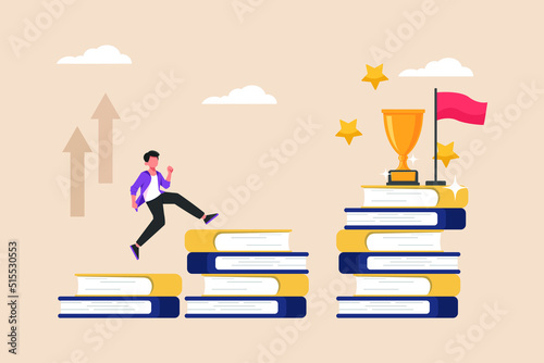 Man stepping on a pile of books to get a trophy. Education level concept. Colored flat graphic vector illustration isolated.