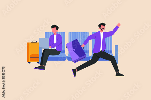Late Businessman running through the airport terminal, holding the luggage. Airport activity concept. Flat vector illustration isolated. 