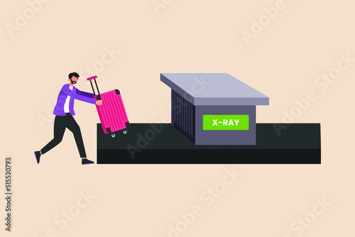 Businessman putting and scanning his luggage at airport security checkpoint. Airport activity concept. Flat vector illustration isolated. 