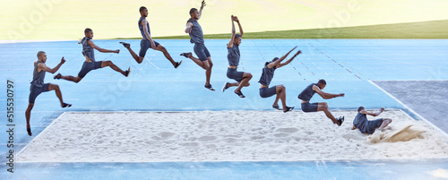 A sequence of a fit male athlete jumping in a sandpit competing in the long jump. Professional athlete or track racer during long or triple jump attempt is a competitive sports event or training photo