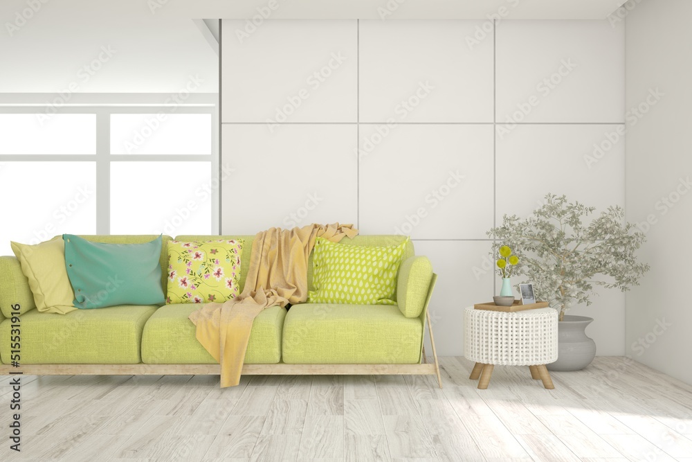 Fototapeta premium White living room with sofa. Scandinavian interior design. 3D illustration