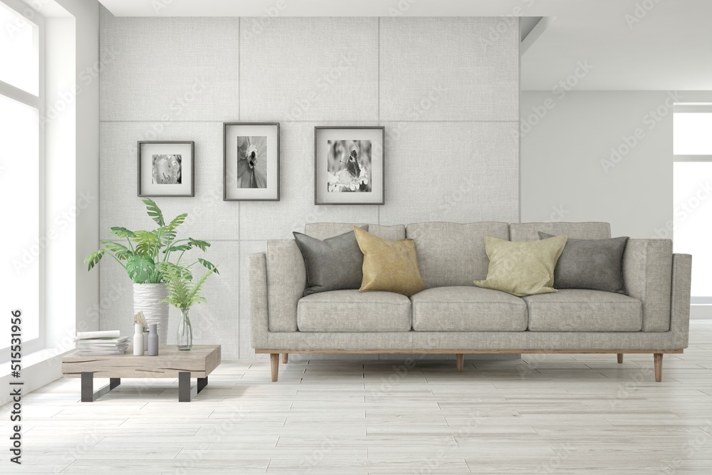 Fototapeta premium White living room with sofa. Scandinavian interior design. 3D illustration