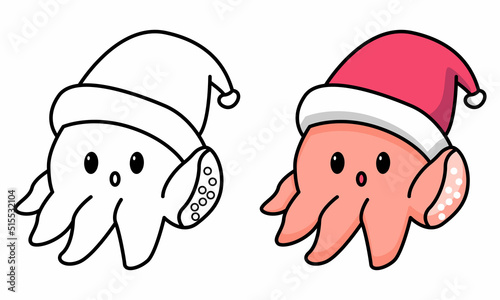 Cute octopus with christmas hat coloring page for kids