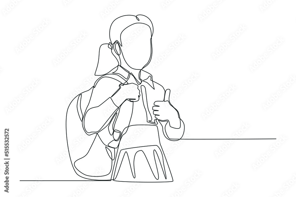 Continuous one line drawing Young student woman with backpack bag holding hand with thumb up gesture. Back to school concept. Single line draw design vector graphic illustration.