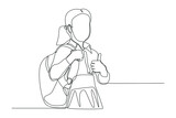 Continuous one line drawing Young student woman with backpack bag holding hand with thumb up gesture. Back to school concept. Single line draw design vector graphic illustration.