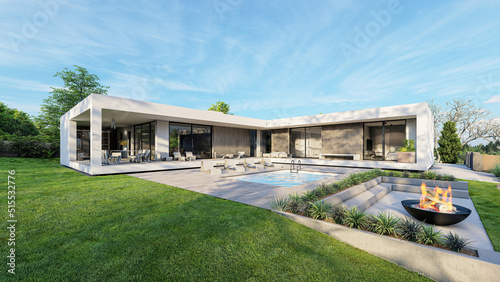 Design house - modern villa with open plan living and private bedroom wing. Large terrace with privacy thanks to the house, swimming pool. Small covered terrace for sauna and relaxation. 