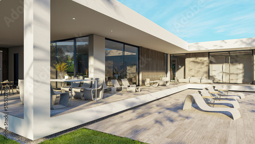 Design house - modern villa with open plan living and private bedroom wing. Large terrace with privacy thanks to the house, swimming pool. Small covered terrace for sauna and relaxation. 