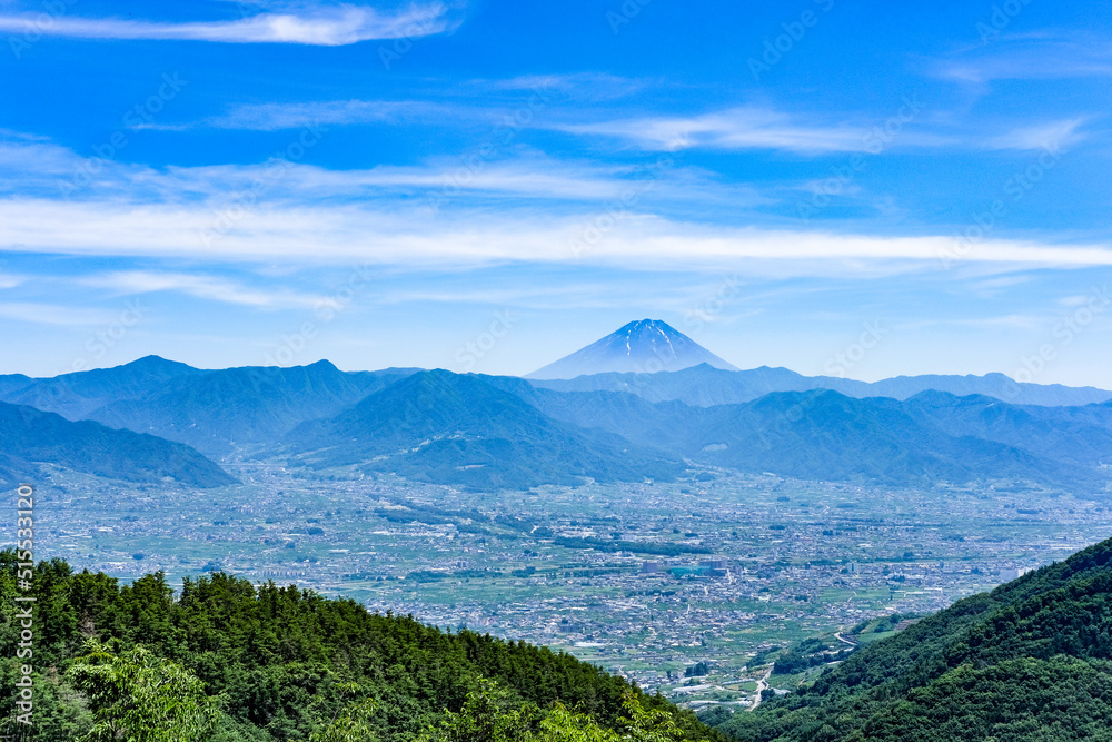 山梨県の甲府盆地と富士山