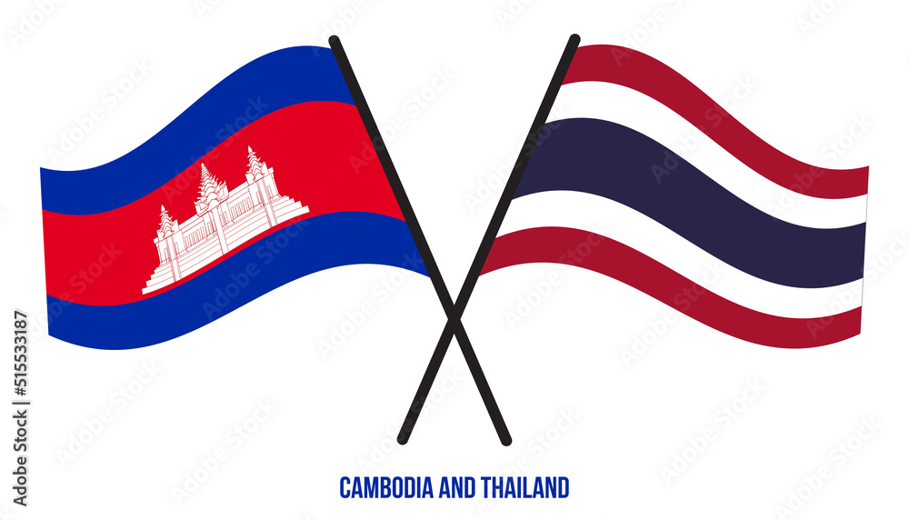 Cambodia and Thailand Flags Crossed And Waving Flat Style. Official