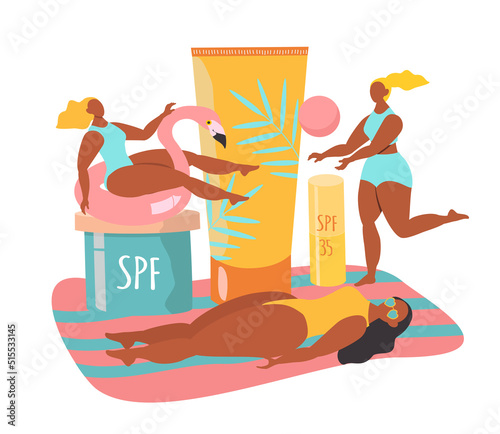 vector hand drawn illustration - tanning and sun protection products, three tanned women and palm leaves. trend illustration in flat style