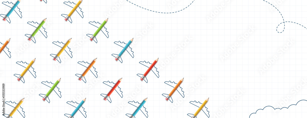 Back to School banner with colored pencil plane flying, Online courses, learning and tutorials Web page template. E-learning digtal education concept