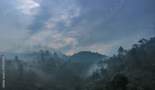 View of mountain fog and forest