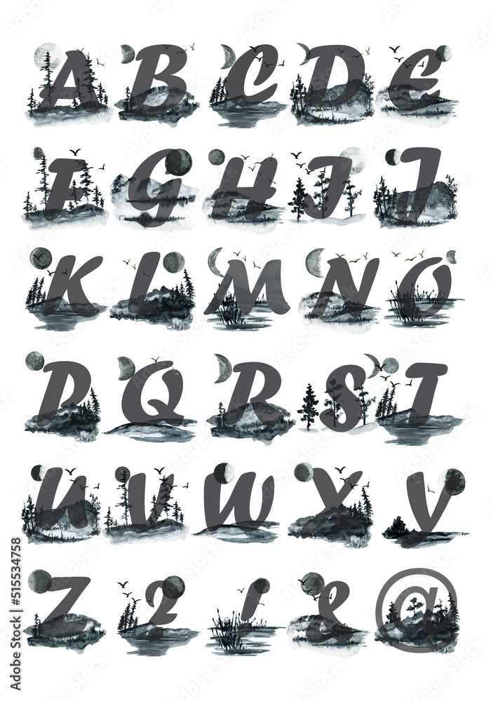 Obraz premium Watercolor English alphabet set, letters on black background of nature, forest, mountains, lake, sky. Poster, print for printing on dishes, on clothing, suitable for greeting cards, wedding invitation